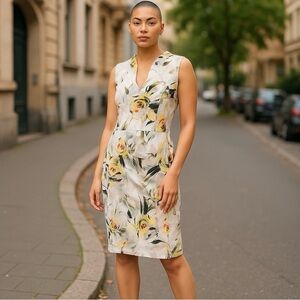 Nina Leonard White and Yellow Sheath Dress V-Neck Midi